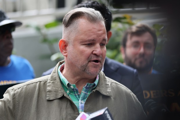 Transit Workers United President John Samuelson speaks during a press conference on Oct. 8, 2025 in New York City. (Photo by Michael M. Santiago/Getty Images)