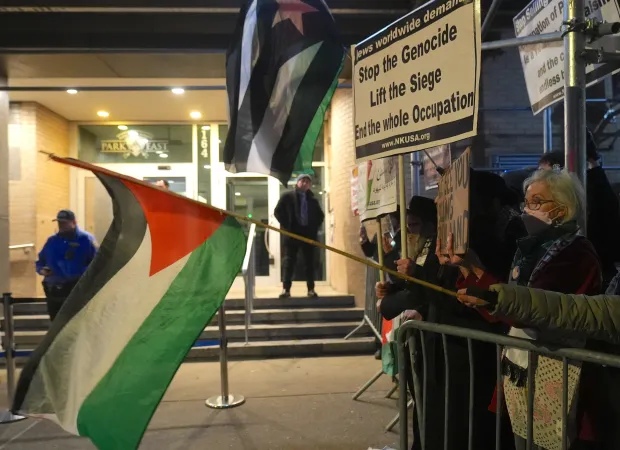 Pro-Palestinian protesters gather at a 'No Settlers on Stolen Land' protest against a settler-recruitment event at the Park East Synagogue in Manhattan on Wednesday, Nov. 19, 2025, in New York City. (Photo by Selçuk Acar/Anadolu via Getty Images)