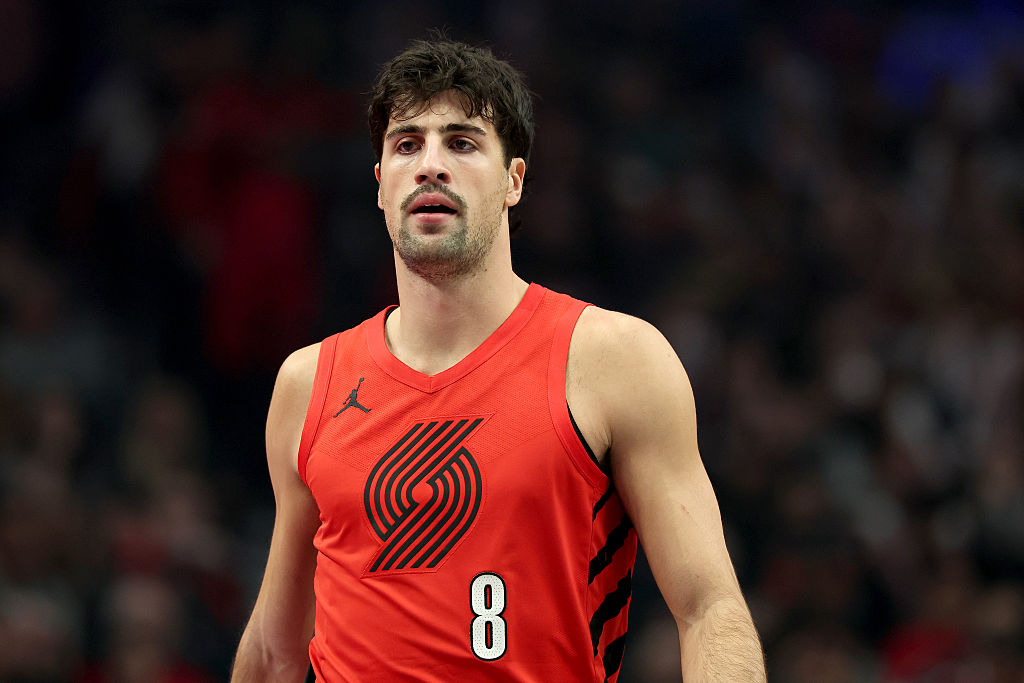 PORTLAND, OREGON - NOVEMBER 26: Deni Avdija #8 of the Portland Trail Blazers looks on during the first half against the San Antonio Spurs at Moda Center on November 26, 2025 in Portland, Oregon. NOTE TO USER: User expressly acknowledges and agrees that, by downloading and or using this photograph, User is consenting to the terms and conditions of the Getty Images License Agreement. (Photo by Steph Chambers/Getty Images)