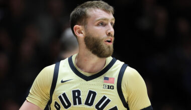 WEST LAFAYETTE, INDIANA - DECEMBER 29: Braden Smith #3 of the Purdue Boilermakers reacts against the Kent State Golden Flashes at Mackey Arena on December 29, 2025 in West Lafayette, Indiana. (Photo by Justin Casterline/Getty Images)