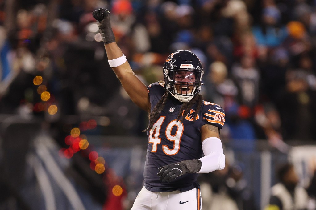 Tremaine Edmunds #49 of the Chicago Bears celebrates after a stop on third down in the fourth quarter against the Detroit Lions at Soldier Field on January 04, 2026 in Chicago, Illinois. 