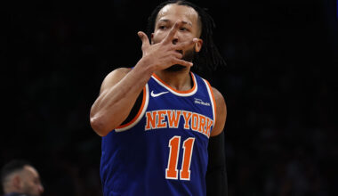 BOSTON, MA - FEBRUARY 8: Jalen Brunson #11 of the New York Knicks celebrates after hitting a three point shot against the Boston Celtics during the first quarter at TD Garden on February 8, 2026 in Boston, Massachusetts. NOTE TO USER: User expressly acknowledges and agrees that, by downloading and/or using this Photograph, user is consenting to the terms and conditions of the Getty Images License Agreement. (Photo By Winslow Townson/Getty Images)