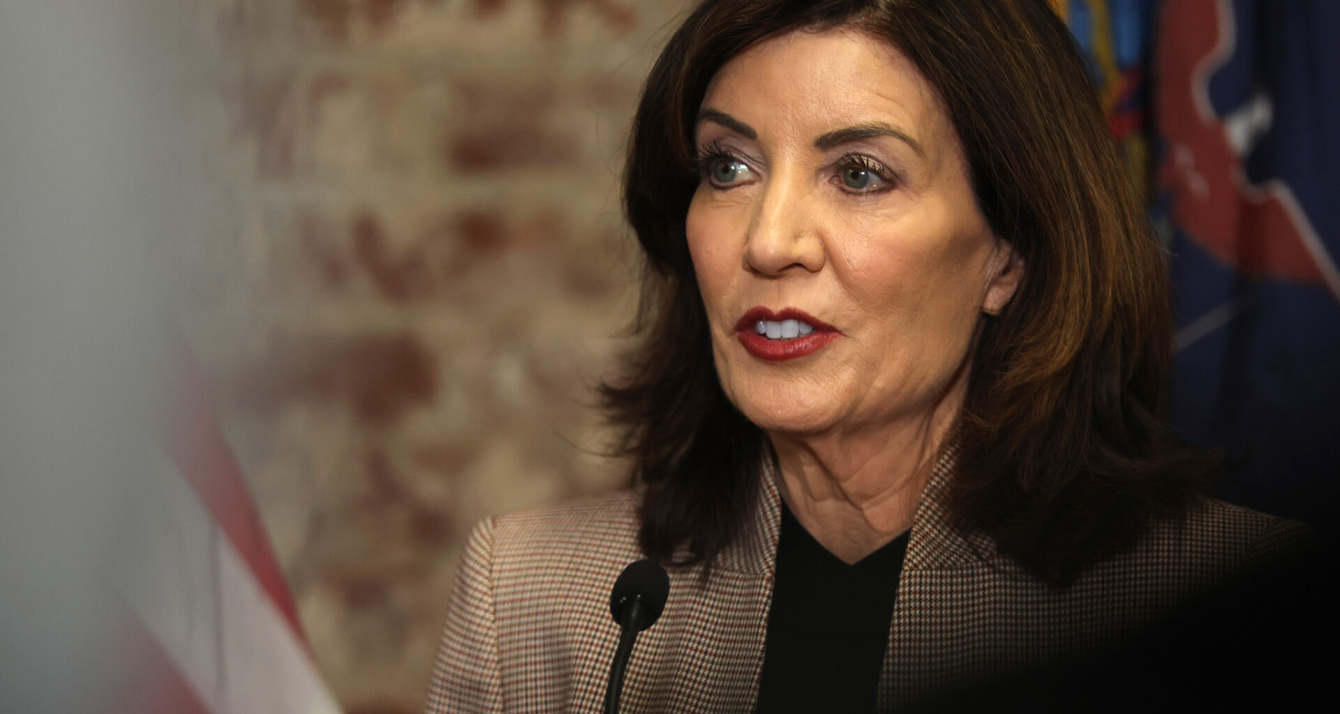 New York Gov. Kathy Hochul speaks to the media on Feb. 10 in New York City. Credit: Spencer Platt/Getty Images