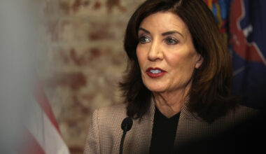 New York Gov. Kathy Hochul speaks to the media on Feb. 10 in New York City. Credit: Spencer Platt/Getty Images