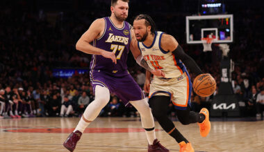 NEW YORK, NEW YORK - FEBRUARY 01: Jalen Brunson #11 of the New York Knicks drives against Luka Doncic #77 of the Los Angeles Lakers during the game at Madison Square Garden on February 01, 2026 in New York City. NOTE TO USER: User expressly acknowledges and agrees that, by downloading and or using this photograph, user is consenting to the terms and conditions of the Getty Images License Agreement. (Photo by Ishika Samant/Getty Images)