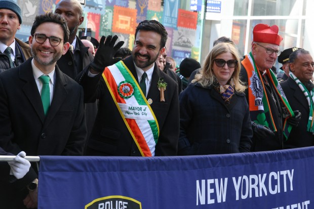 New York City Mayor Zohran Mamdani (2L), New York City Police Commissioner Jessica Tisch (2R) and Cardinal Timothy Dolan (R) participate in annual St. Patrick's Day Parade in New York on March 17, 2026. (Photo by TIMOTHY A. CLARY / AFP via Getty Images)