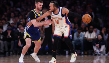 NEW YORK, NEW YORK - MARCH 15: Jalen Brunson #11 of the New York Knicks is guarded by Pat Spencer #61 of the Golden State Warriors during the first quarter of the game at Madison Square Garden on March 15, 2026 in New York City. NOTE TO USER: User expressly acknowledges and agrees that, by downloading and or using this photograph, user is consenting to the terms and conditions of the Getty Images License Agreement. (Photo by Dustin Satloff/Getty Images)