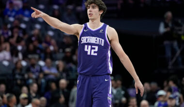 SACRAMENTO, CALIFORNIA - MARCH 15: Maxime Raynaud #42 of the Sacramento Kings looks on against the Utah Jazz in the second half of an NBA basketball game at Golden 1 Center on March 15, 2026 in Sacramento, California. NOTE TO USER: User expressly acknowledges and agrees that, by downloading and or using this photograph, User is consenting to the terms and conditions of the Getty Images License Agreement. (Photo by Thearon W. Henderson/Getty Images)
