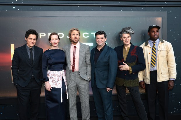 NEW YORK, NEW YORK - MARCH 18: (L-R) Phil Lord, Sandra Hüller, Ryan Gosling, Chris Miller, James Ortiz and Lionel Boyce attend "Project Hail Mary" New York premiere at Lincoln Center on March 18, 2026 in New York City. (Photo by Dimitrios Kambouris/Getty Images)