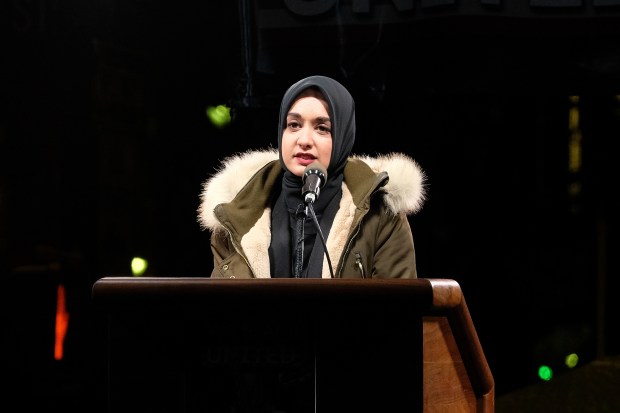 Faiza Ali speaks onstage during the We Stand United NYC Rally outside Trump International Hotel & Tower on January 19, 2017 in New York City. (Photo by D Dipasupil/Getty Images)
