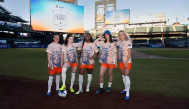 Gotham FC's Savannah McCaskill, Rose Lavelle, Jaedyn Shaw, Lilly Reale, and Jaelin Howell pose in their NWSL kits at Citi Field, home of MLB's New York Mets.