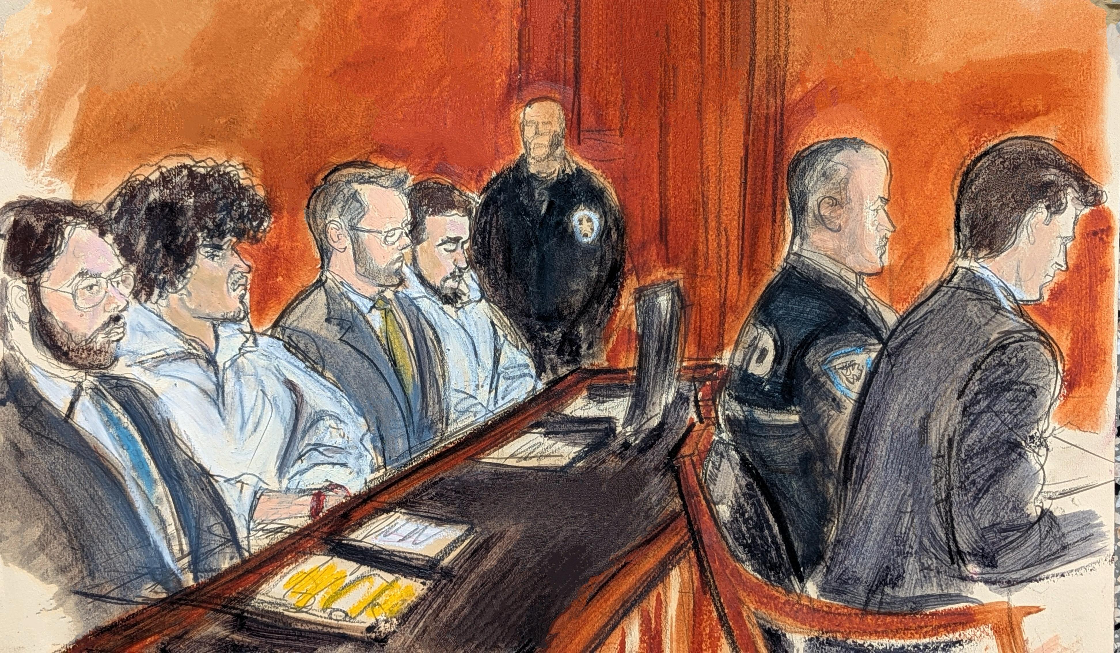 A court sketch depicts Mehdi Essmidi, defendant Emir Balat, Michael Arthus and defendant Ibrahim Kayumi.
