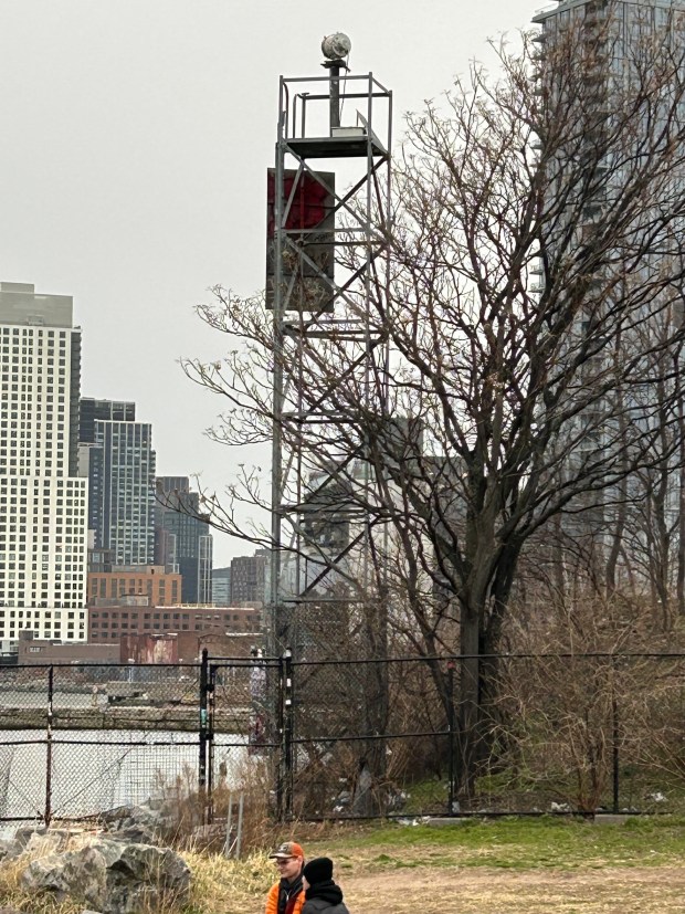 A 16-year-old boy fell to his death after climbing a defunct lighting tower in Brooklyn's Bushwick Inlet Park on Friday, March 20, 2026. (Kerry Burke / New York Daily News)