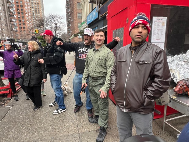 Jan. 6 rioter and far-right influencer Jake Lang (2nd from right) is pictured on the Upper East Side of Manhattan on Saturday, March 7, 2026. (Barry Williams / New York Daily News)