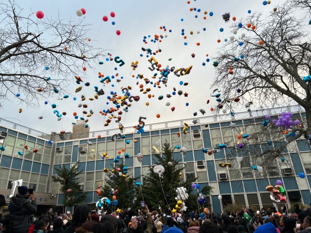 Mourners release balloons outside Sheepshead Bay High School in Brooklyn on Friday, March 27, 2026 to remember Ka'mardre Coleman.