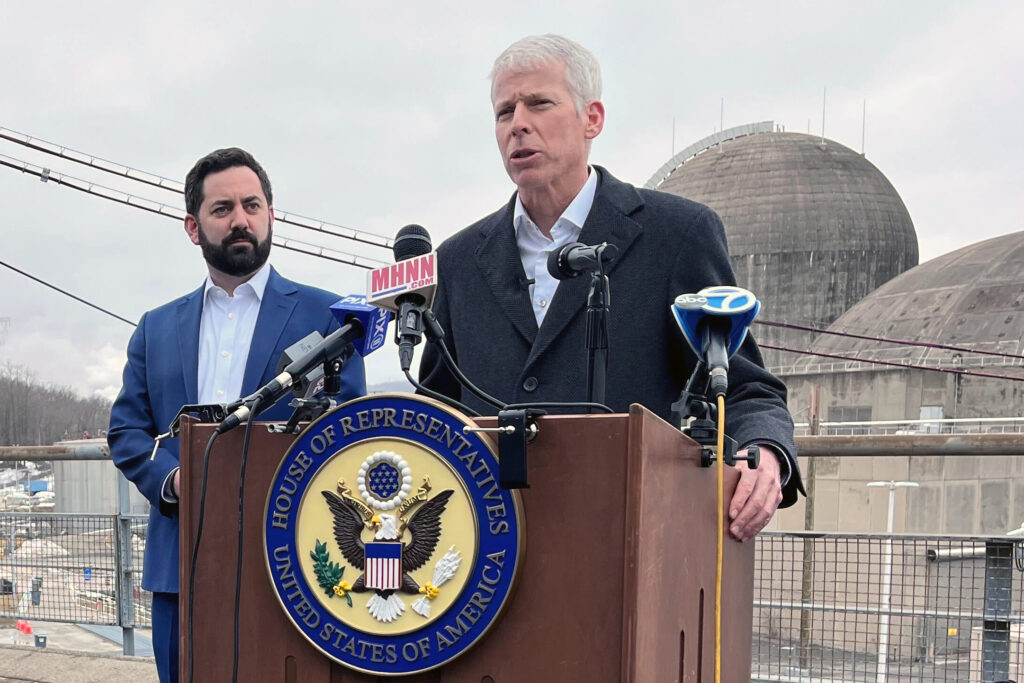 Department of Energy Secretary Chris Wright and U.S. Rep Mike Lawler (R-N.Y.) give a press conference on Friday. Credit: Nicholas Kusnetz/Inside Climate News