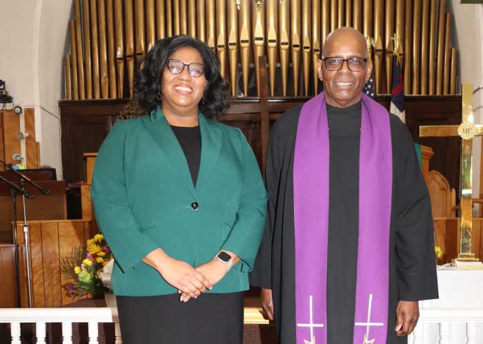Trinidadian-American court attorney referee Danielle Noel with Pastor of Fenimore Street United Methodist Church in Brooklyn, the Rev. Roger Jackson, after Worship Service on Jan. 18, 2026.
