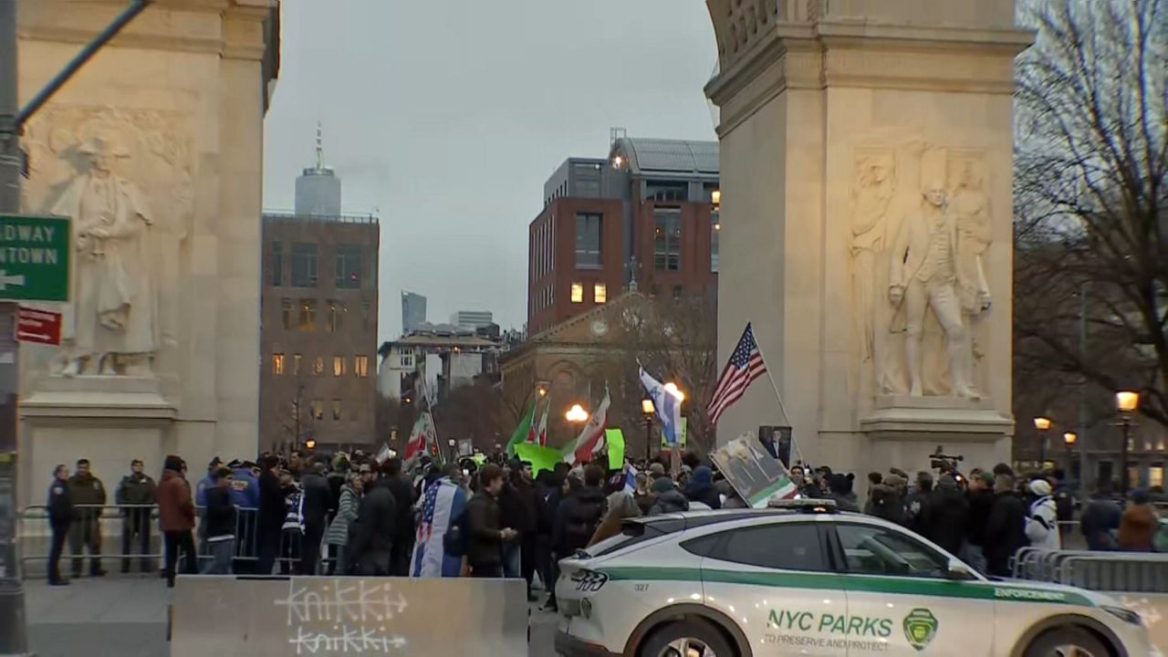 One group gathering for a vigil honoring Iran’s Supreme Leader Ali Khamenei, who was killed in a U.S. and Israeli strike last weekend. (Spectrum News NY1)