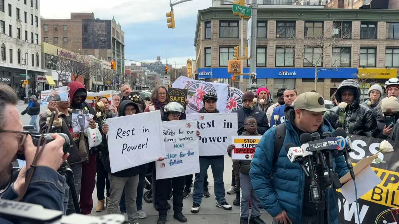 Delivery workers and advocates rallied in Harlem on Friday, demanding safer streets, pointing to legislation like the Super Speeder bill, which would require speed-limiting devices for repeat reckless drivers. (Spectrum News NY1)