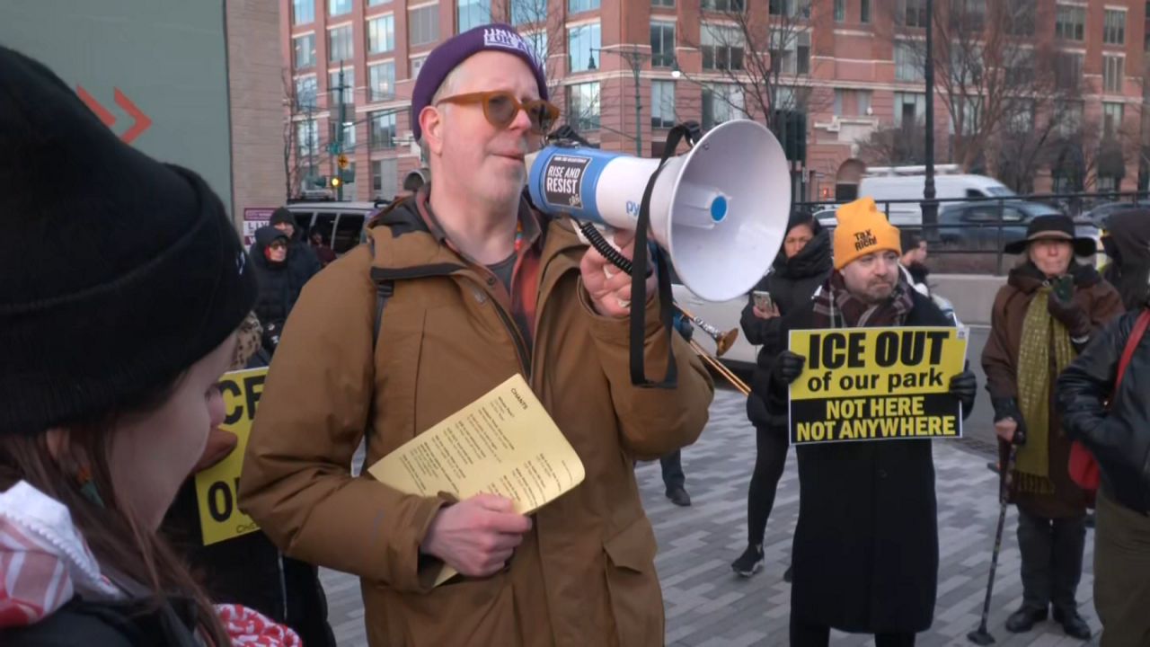A parking contract at Pier 40 drew protesters to Pier 57 Tuesday night, where the Hudson River Park Trust board was holding a meeting. (Spectrum News NY1)