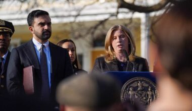 New York Police Commissioner Jessica Tisch briefs the press on the attack outside of Gracie Mansion as Mayor Zohran Mamdani looks on.