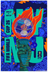 Poster with illustration of soccer ball held aloft by Statue of Liberty (© Rich Tu/FIFA)