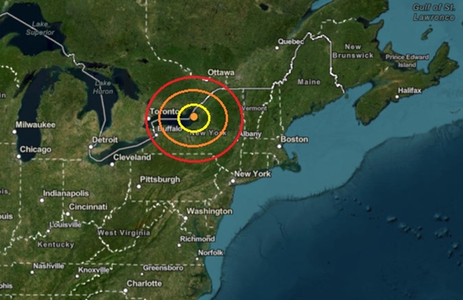The epicenter of the earthquake was at the orange dot inside the colored concentric circles on this map.  Image: USGS