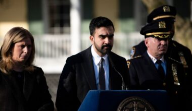 New York Mayor Zohran Mamdani speaks at a news conference alongside Jessica Tisch, the New York police commissioner, outside of Gracie Mansion in New York, on Monday, March 9, 2026. Tisch said on Monday that the two men arrested after a homemade bomb was thrown near Gracie Mansion was being investigated as an act of terrorism inspired by the Islamic State. (Graham Dickie/The New York Times)
