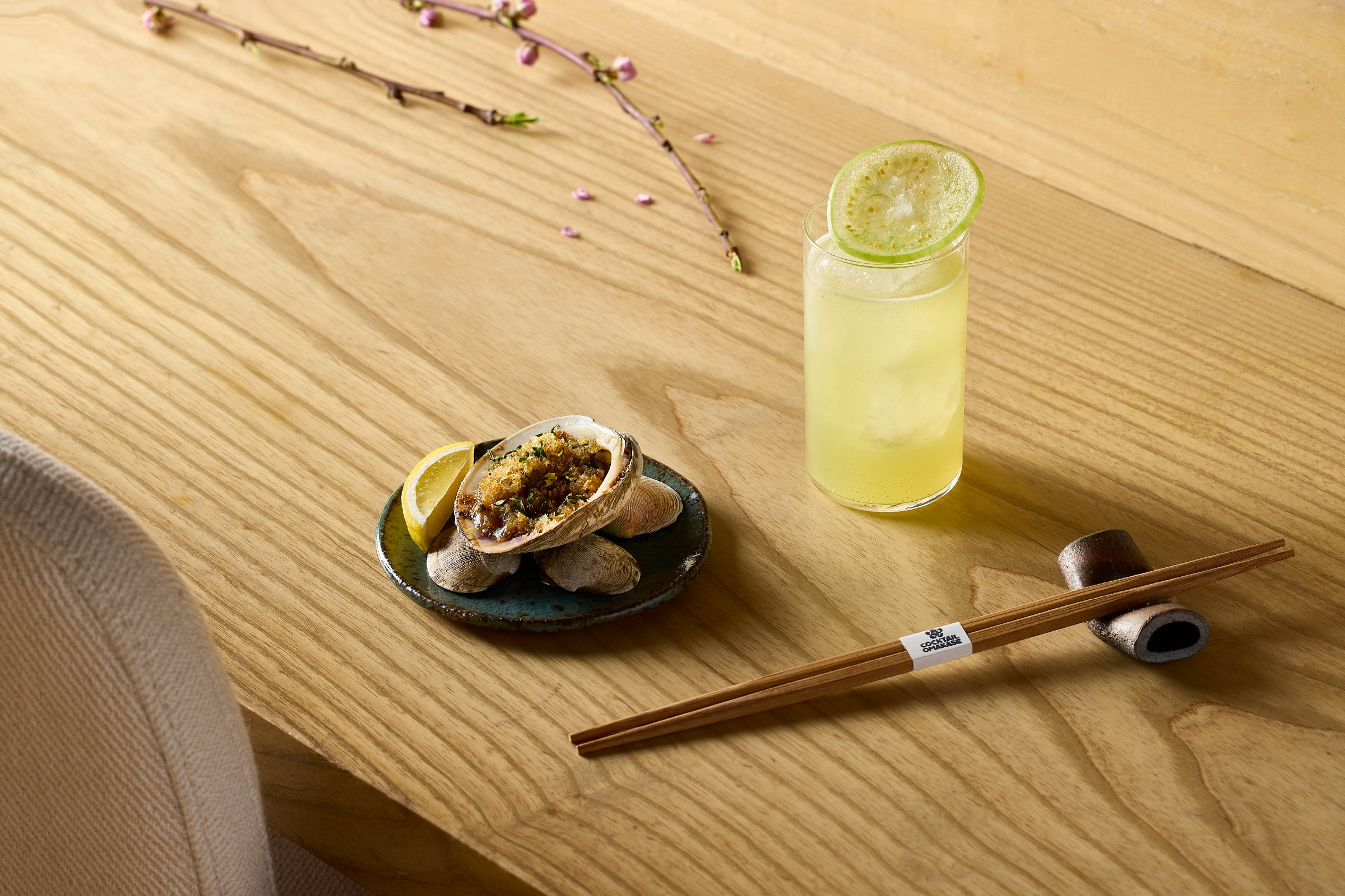 A cocktail on a table.