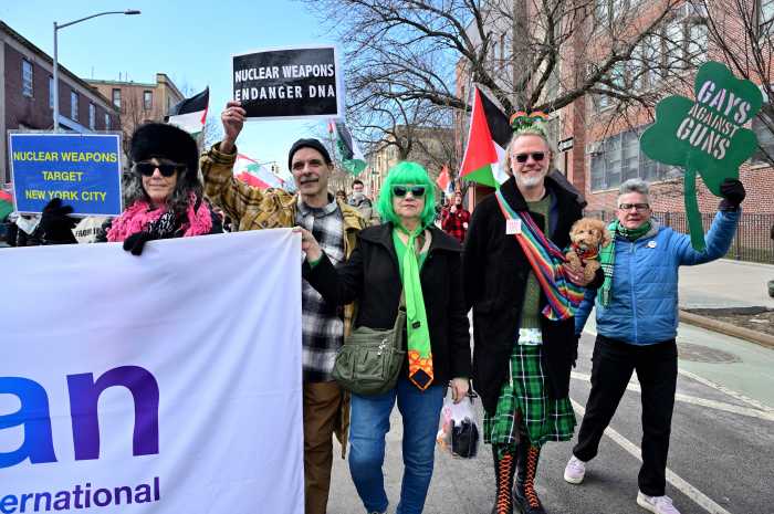 The New York Campaign to Abolish Nuclear Weapons and Gays Against Guns march together at St. Pat's for All.