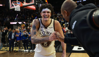 Gui Santos and the Warriors celebrated a narrow victory at the slumping Nets’ expense Wednesday night in San Francisco. Photo: Jed Jacobsohn/AP