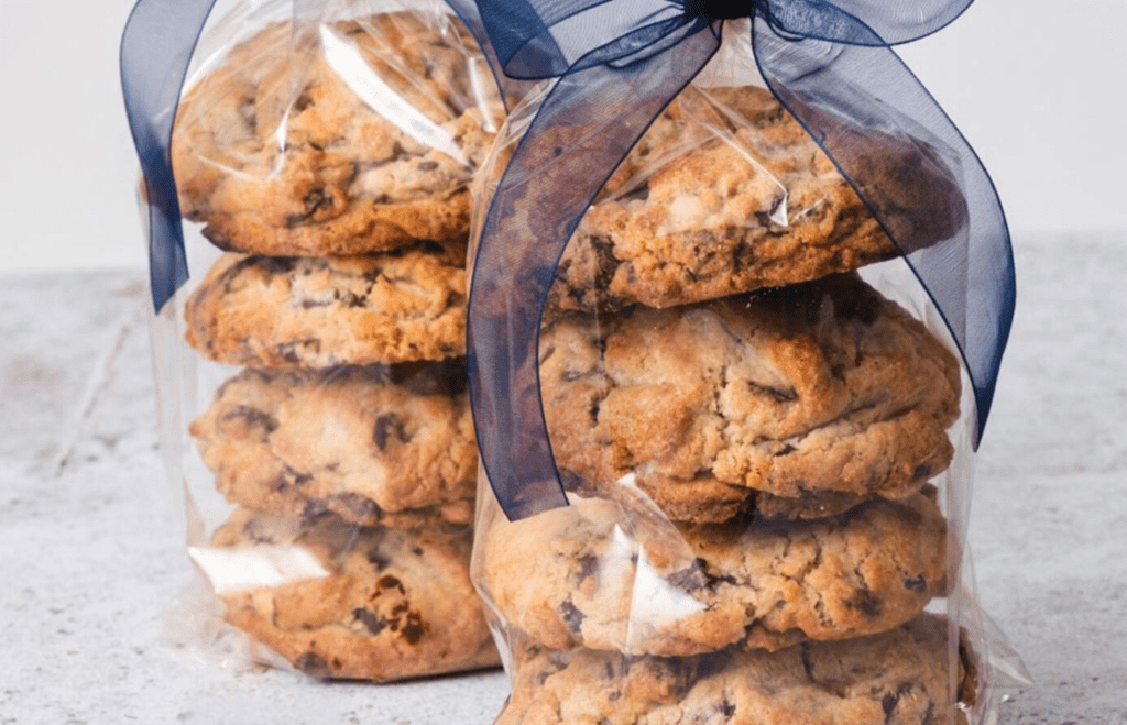 two beautifully wrapped cookies from Levain Bakery perfect for gift-giving