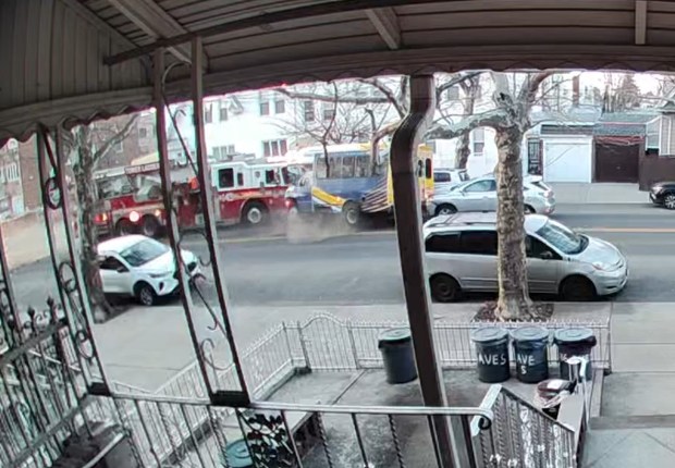 A 78-year-old man was killed and 11 people were injured, including five firefighters, after an FDNY fire truck responding to an emergency collided with a van, causing a chain-reaction crash involving two other vehicles in Brooklyn on Tuesday, March 10, 2026. (Obtained by Daily News)