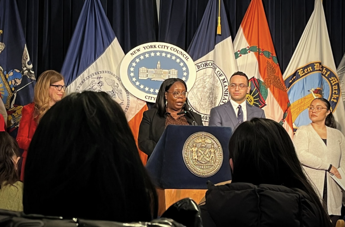 New York City Councilmember Althea Stevens — chair of the Committee on Children and Youth — speaks at a Feb. 24 press briefing. (Credit: Jack Walker)