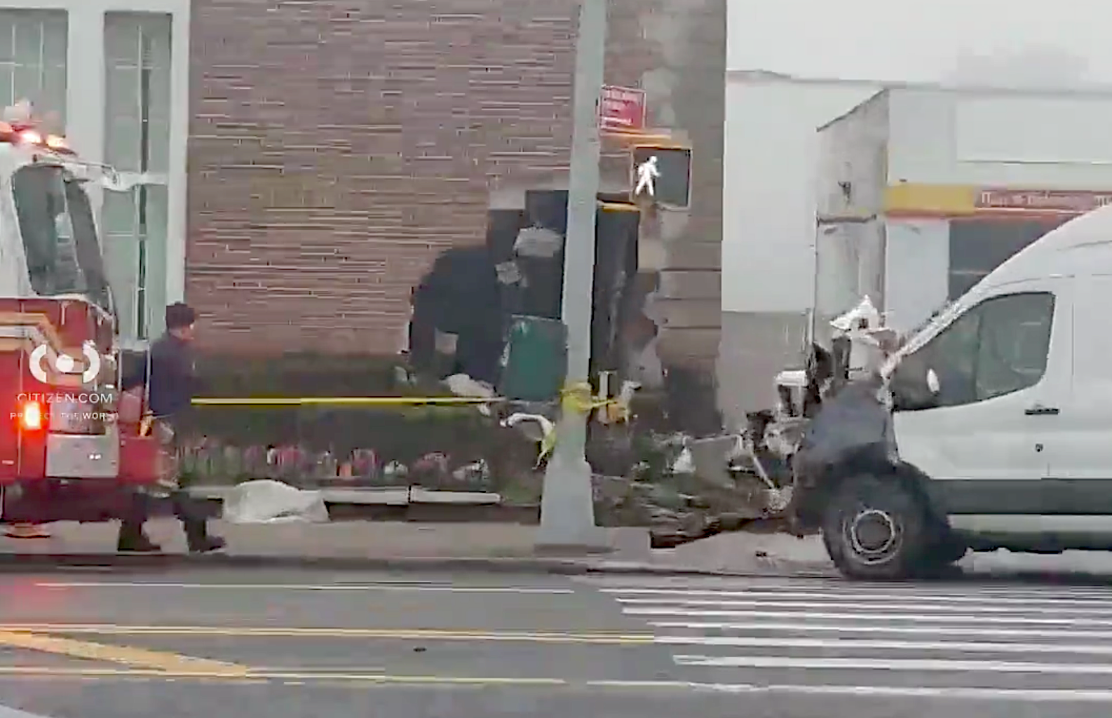 Citizen App video shows visible damage to the van and the building as the FDNY and NYPD respond to the scene on Monday morning