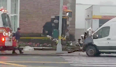 Citizen App video shows visible damage to the van and the building as the FDNY and NYPD respond to the scene on Monday morning