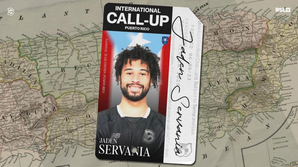 Graphic showing Brooklyn FC midfielder Jaden Servania after being called up to the Puerto Rico National Team, with a Puerto Rico map background and international call-up card design.