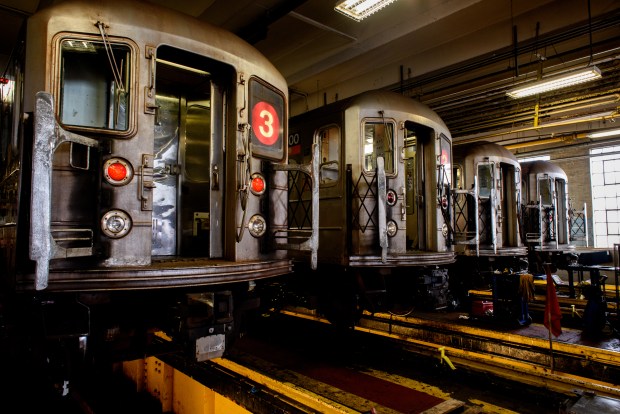 R-62 cars of the No. 3 line await service in Livonia Yard.