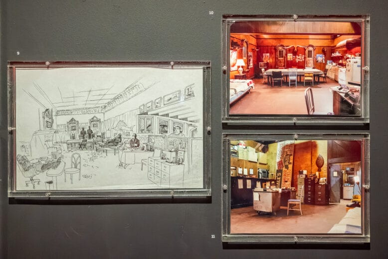 Set-design drawing and set photos from "The Sopranos"