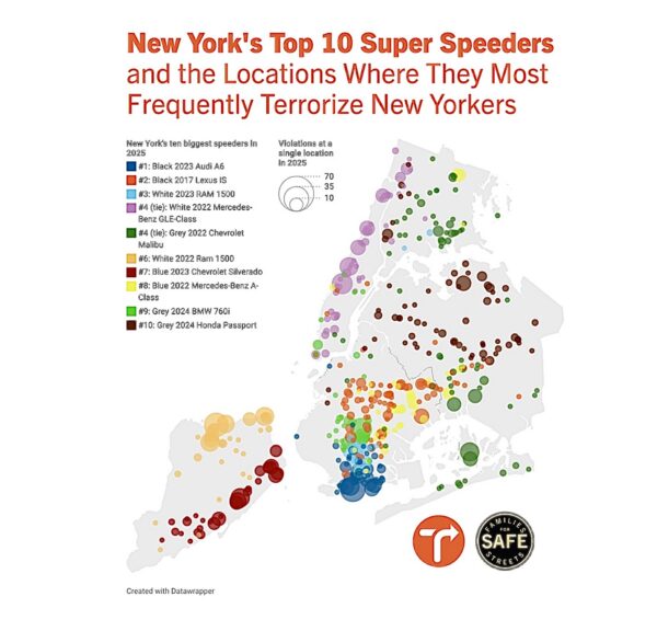 Locations where New York’s top ten “super speeders” most frequently received speed camera tickets in 2025. Map: Transportation Alternatives; Source: NYC Open Data