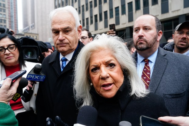 New York City Council member Vickie Paladino (front) is pictured outside 26 Federal Plaza after the NYC Council Common Sense Caucus' meeting with 'Border Czar' Tom Homan at ICE's New York headquarters on Thursday, Feb. 13, 2025, in Manhattan, New York. (Barry Williams / New York Daily News)