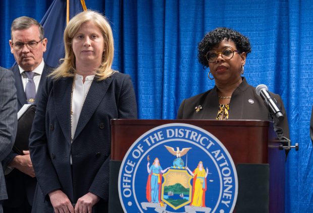 Bronx DA Darcel Clark, right, speaks alongside NYPD Commissioner Jessica Tisch at a press conference about a gang violence Thursday, April 18, 2025, in the Bronx. (Barry Williams/ New York Daily News)