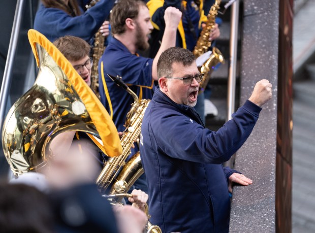 Members of the Marquette University Pep Band perform in the Vessel during a "Battle of the Bands" in Hudson Yards Wednesday, March 11, 2026 in Manhattan, New York. The Battle of the Bands" features marching bands from teams competing in the 2026 BIG EAST Men's Basketball Tournament. (Barry Williams/ New York Daily News)