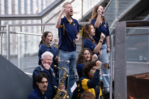 Members of the Marquette University Pep Band perform in the Vessel during a "Battle of the Bands" in Hudson Yards Wednesday, March 11, 2026 in Manhattan, New York. The Battle of the Bands" features marching bands from teams competing in the 2026 BIG EAST Men's Basketball Tournament. (Barry Williams/ New York Daily News)