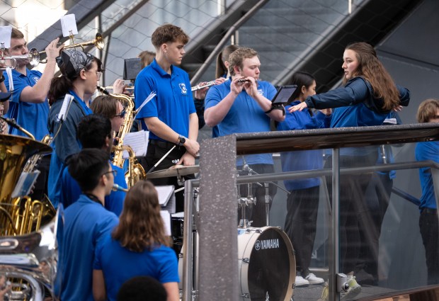 Members of the the Creighton University Pep Band perform in the Vessel during a "Battle of the Bands" in Hudson Yards Wednesday, March 11, 2026 in Manhattan, New York. The Battle of the Bands" features marching bands from teams competing in the 2026 BIG EAST Men's Basketball Tournament. (Barry Williams/ New York Daily News)