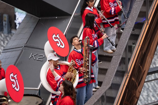 Members St. John's University Pep Band perform in the Vessel during a "Battle of the Bands" in Hudson Yards Wednesday, March 11, 2026 in Manhattan, New York. The Battle of the Bands" features marching bands from teams competing in the 2026 BIG EAST Men's Basketball Tournament. (Barry Williams/ New York Daily News)
