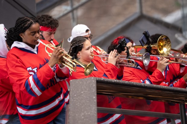 Members St. John's University Pep Band perform in the Vessel during a "Battle of the Bands" in Hudson Yards Wednesday, March 11, 2026 in Manhattan, New York. The Battle of the Bands" features marching bands from teams competing in the 2026 BIG EAST Men's Basketball Tournament. (Barry Williams/ New York Daily News)
