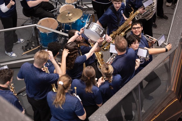 The Butler University Pep Band's snare drum is returned after Creighton University borrowed it during the "Battle of the Bands" in the Vessel in Hudson Yards Wednesday, March 11, 2026 in Manhattan, New York. The Butler University drummers lent their counterparts at Creighton University their snare drum during show shuttling the drum between each band's performance. The Battle of the Bands" features marching bands from teams competing in the 2026 BIG EAST Men's Basketball Tournament. (Barry Williams/ New York Daily News)