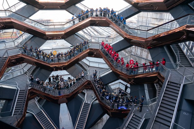 Bands representing St. John's University, Providence College, Butler University, Marquette University, and Creighton University Hudson perform in the Vessel during a "Battle of the Bands" in Hudson Yards Wednesday, March 11, 2026 in Manhattan, New York. The Battle of the Bands" features marching bands from teams competing in the 2026 BIG EAST Men's Basketball Tournament. (Barry Williams/ New York Daily News)