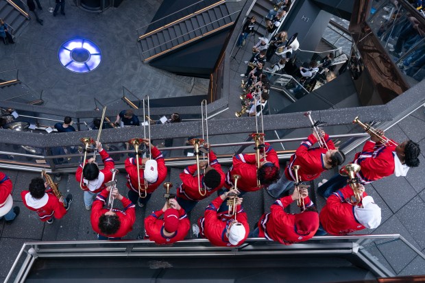 Members St. John's University Pep Band perform in the Vessel during a "Battle of the Bands" in Hudson Yards Wednesday, March 11, 2026 in Manhattan, New York. The Battle of the Bands" features marching bands from teams competing in the 2026 BIG EAST Men's Basketball Tournament. (Barry Williams/ New York Daily News)